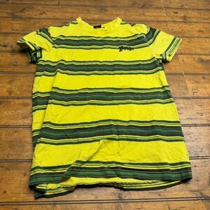 Pouya Mens Striped T Shirt Yellow Green Black Embroidered Logo Size Medium y2k